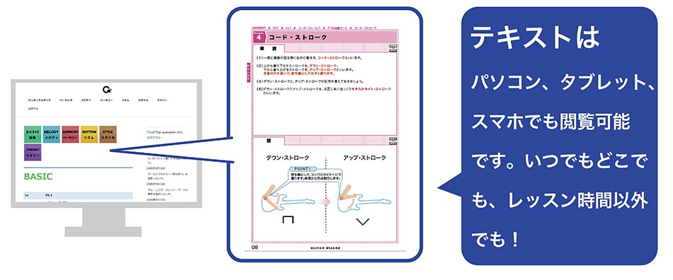 テキストはパソコン、タブレット、 スマホでも閲覧可能 です。いつでもどこで も、レッスン時間以外でも!